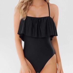 Sugar Coast By Lolli Black Ruffle Flounce Bandeau One Piece Swimsuit Size Small